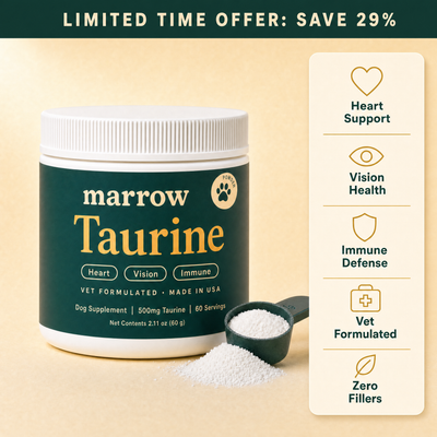 Marrow Taurine tub with heart, vision, immune, vet formulated and zero fillers benefits
