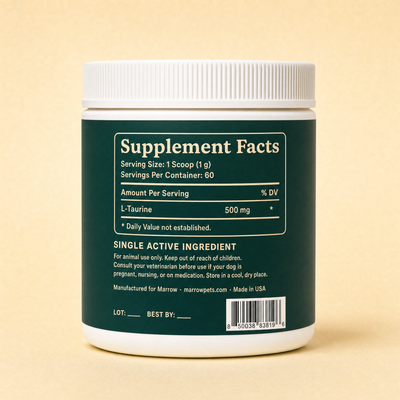 Supplement Facts: 500 mg L-taurine per scoop, 60 servings