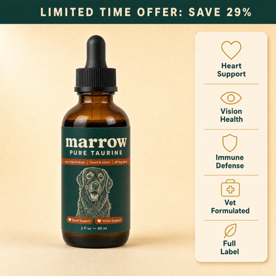 Marrow Taurine bottle with heart, vision, immune, vet formulated and zero fillers benefits