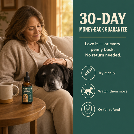30-day money-back guarantee — senior black lab resting with owner, Marrow bottle on side table